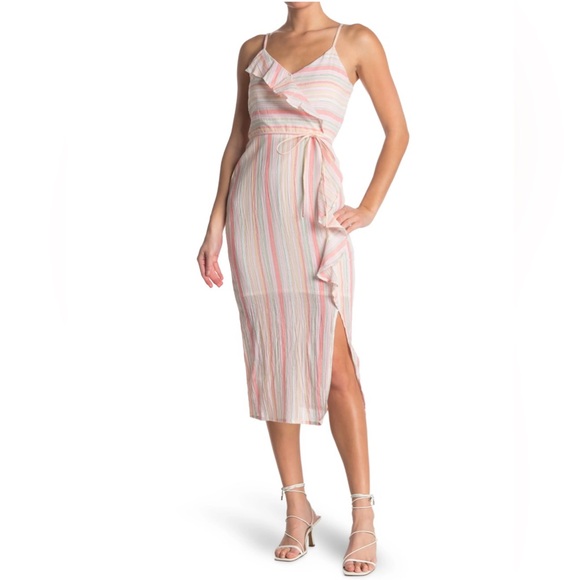 NSF Dresses & Skirts - NSR Effie Striped Ruffled Wrap Midi Dress Multicolor Stripes XL | AB363